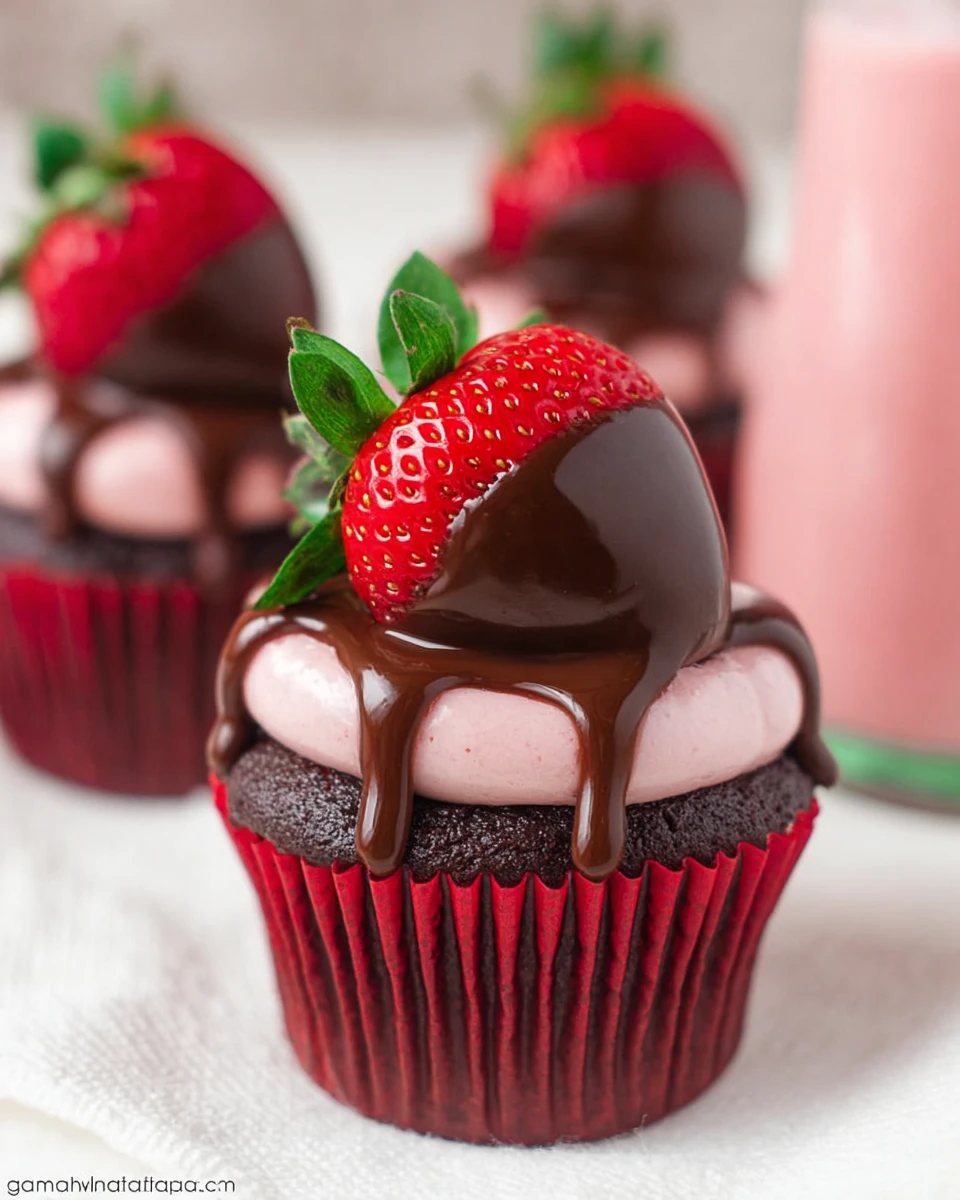 Chocolate Dipped Strawberry Cupcakes 7 Chocolate Dipped Strawberry Cupcakes