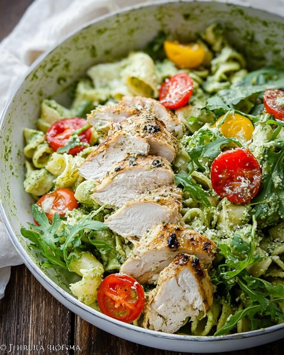 Pesto Pasta With Grilled Chicken, Cherry Tomatoes And Arugula