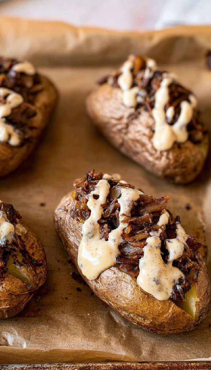 Mushroom Swiss Cheeseburger Stuffed Potatoes With Dijonnaise