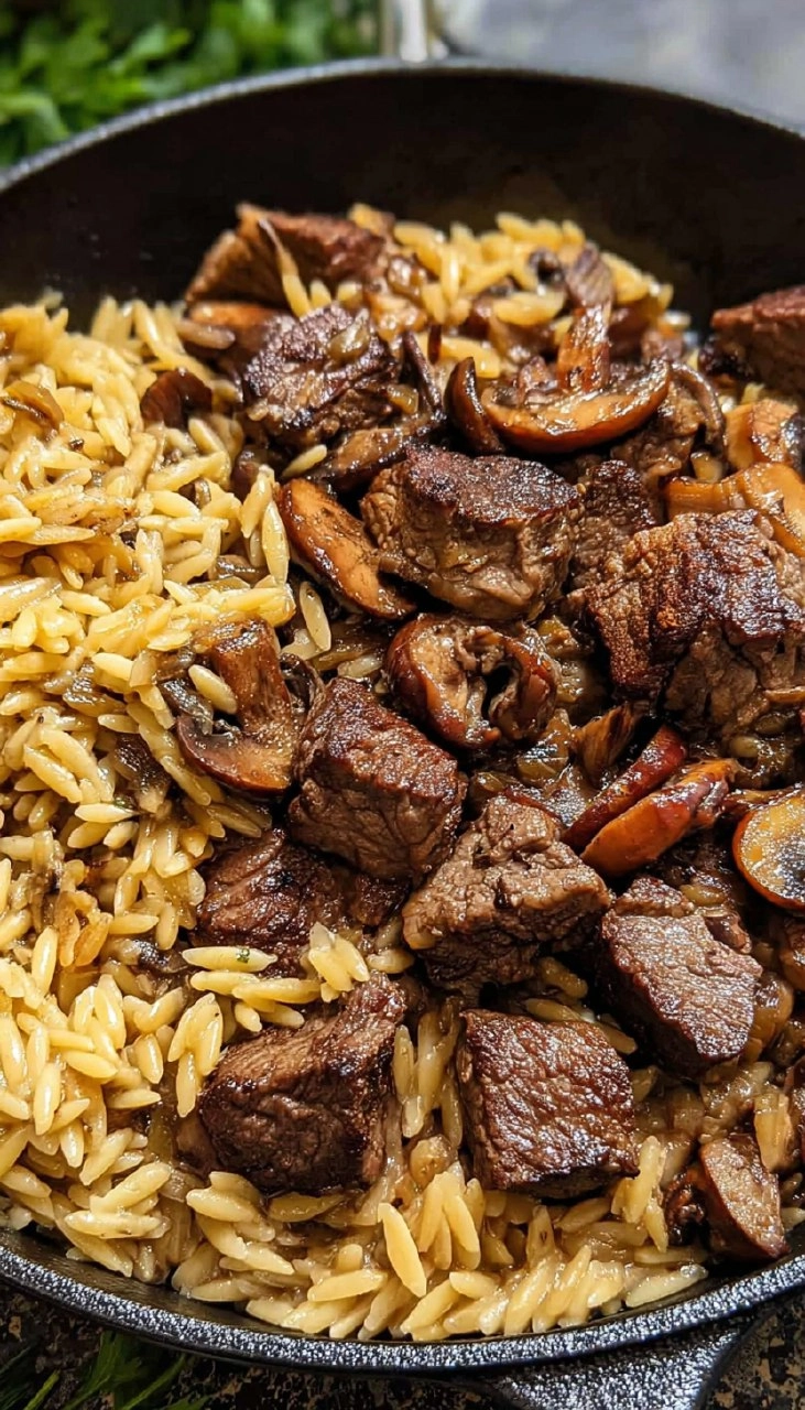 Steak Bites With Mushroom Orzo