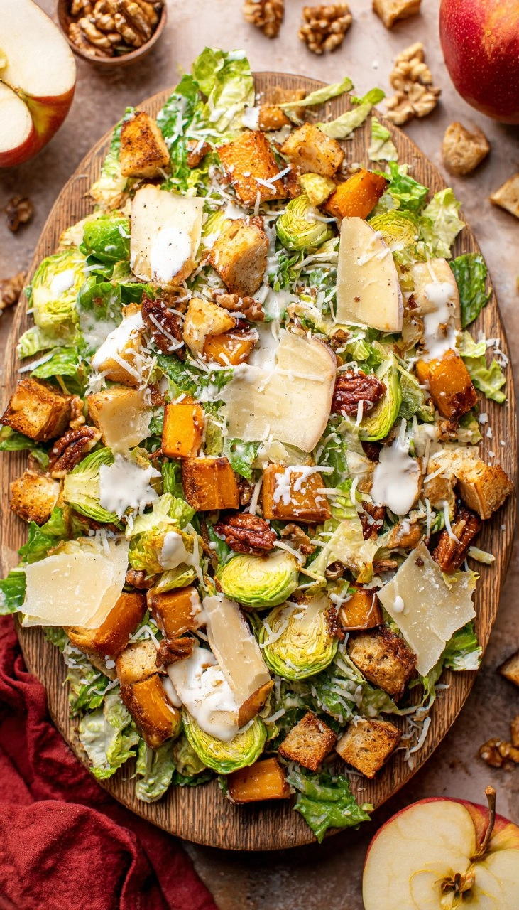 Autumn Shaved Brussels Sprouts Caesar Salad With Butternut Squash