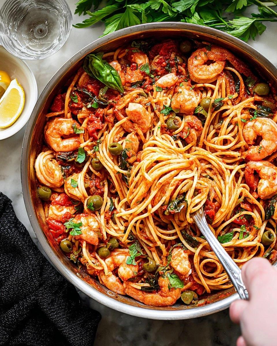 Puttanesca-Inspired Shrimp + Veggie Pasta