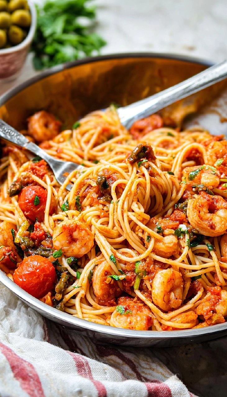 Puttanesca-Inspired Shrimp + Veggie Pasta