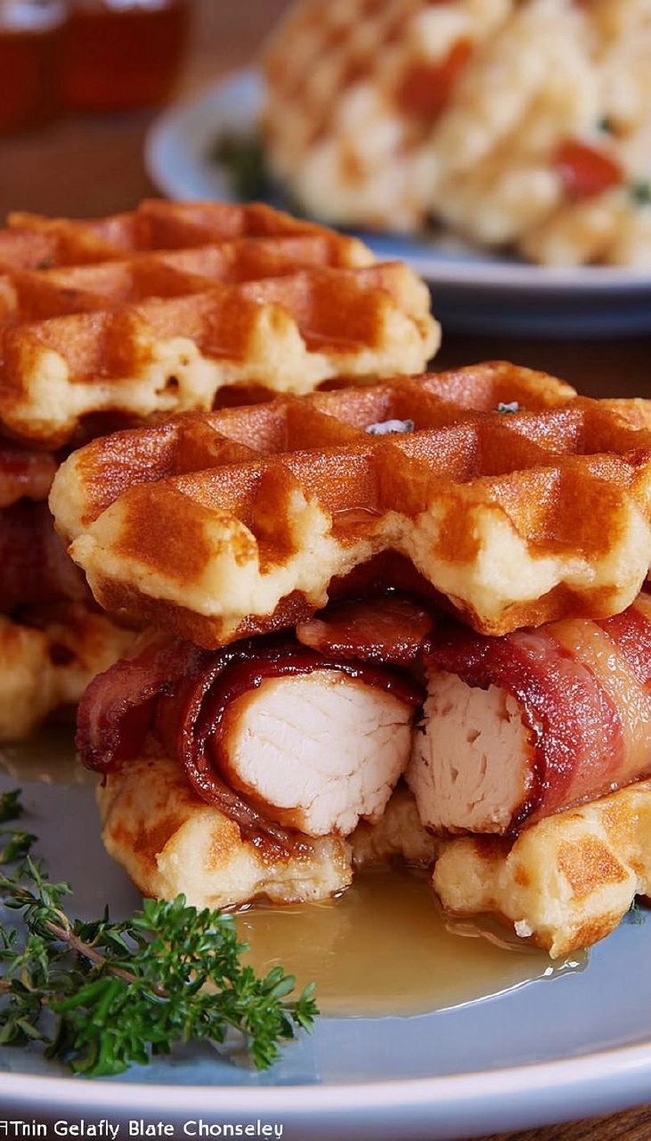 Bacon Wrapped Chicken Bites And Waffles With Honey Butter