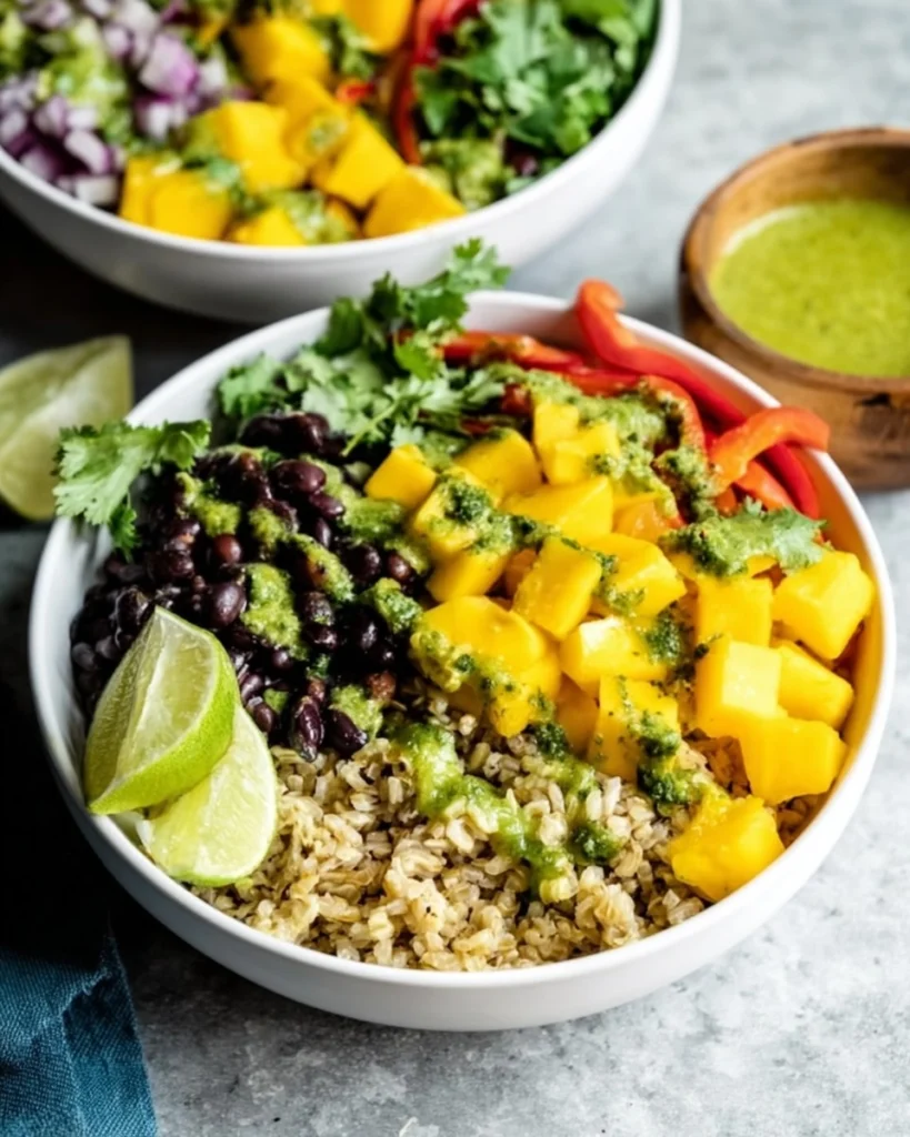 Vegan-Mango-Black-Bean-Green-Rice-Burrito-Bowls-Recipe