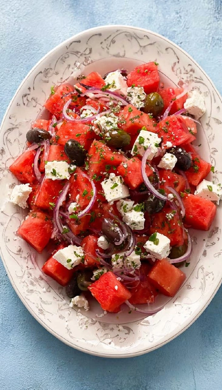 Watermelon Salad With Feta Cheese And Olives